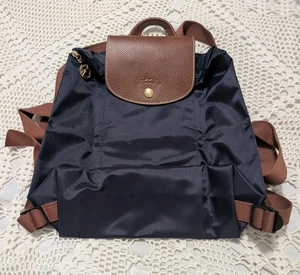 Echte Longchamp Le Pliage blaue Canvas braune Ledertasche A Dos - Bild 1 von 11