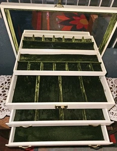Vintage Lady Buxton Large Jewelry Dresser Box 4 Tier Mirror Velvet Lining Beige - Picture 1 of 16