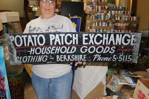 Vintage 1930's Potato Patch Exchange Household Goods Clothing 36" Metal Sign - Picture 1 of 4