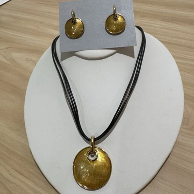 Lia Sophia Yellow Mother of Pearl Inlay Necklace Triple Brown Cord & Earrings - Image 1 of 4