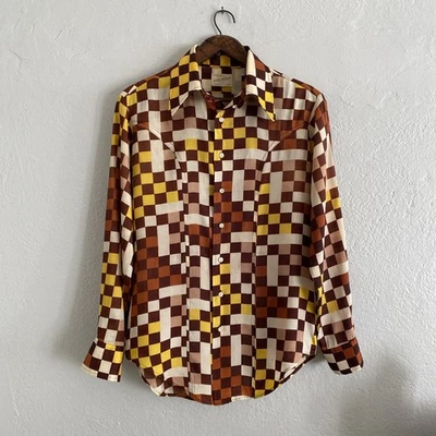 Camisa De Colección Años 70 Mike Weber Cuello Daga Op Art Checker Disco Abotonada Talla S M Foto 1 de 4