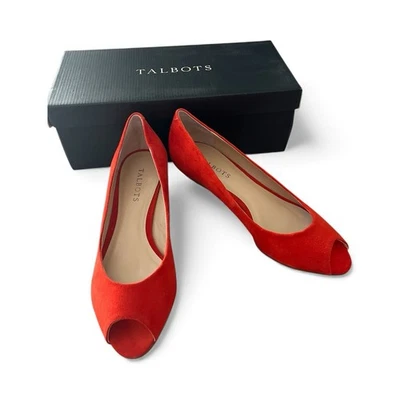 Talbots Gamuza Peep Punta Abierta Tacones Bajos Cuña Zapatos Talla 8 Rojo/Naranja Foto 1 de 4
