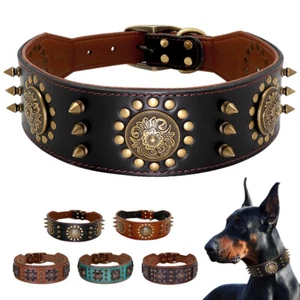 Genuine Leather Dog Collar Studded Heavy Duty 5cm Wide Pitbull Rottweiler Staff - Picture 1 of 25