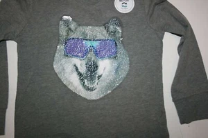 New OshKosh Boys Flip Sequin Top Tee 4 5 10 12 year Wolf Face w Sunglasses Gray - Picture 1 of 3