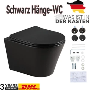 Spülrandloses Wand Hänge WC Schwarz Matt Spülrandlos Toilette Sitz Softclose Neu - Bild 1 von 12