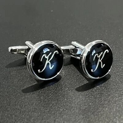 Black Round Name Initial Alphabet Letter Cufflinks Men Birthday Father’s Day Gif - Image 1 of 4