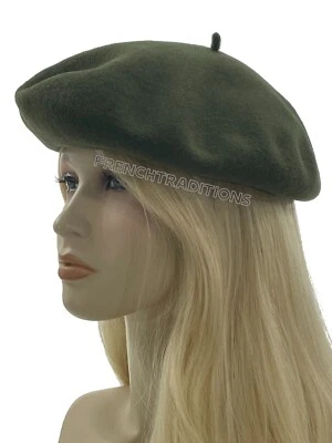 Laulhere French 100% Wool Beret Cap Eva - Kaki - 7- 7 1/8 Made in France - Image 1 of 4