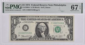 PMG Superb Gem Unc 67 EPQ $1 1974 Philadelphia PA US Fed Reserve Note Fr#1908-C - Picture 1 of 3