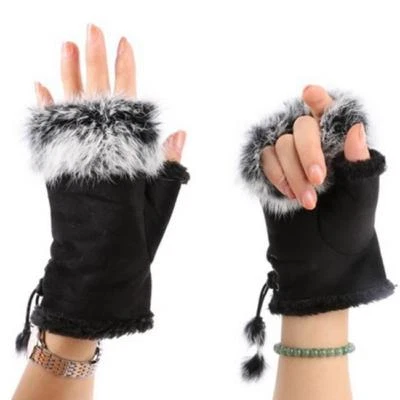Winter Women Warm Faux Rabbit Fur Glove Half Finger Gloves Soft Knitted Glove Y2 - Image 1 of 4