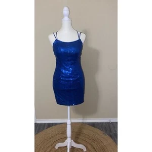 Royal Blue Short Sparkly Spaghetti Straps Prom Dress Sequin - Picture 1 of 5