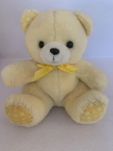 Vintage Woolworths Teddy Bear Yellow Soft Plush Toy 8” Flower Feet - Picture 1 of 4