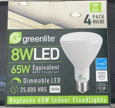 4x NEW Greenlite BR30 Light Bulbs 8w LED 65w Dimmable 3000k 670 Lumens - Image 1 of 3