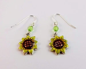 Sunflower Earrings Drop Dangle Green Crystal Fish Hook Wires Pierced Ears - Picture 1 of 7