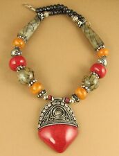 Tibetan striking necklace. Bone and metal.  Red, orange.  Ethnic.