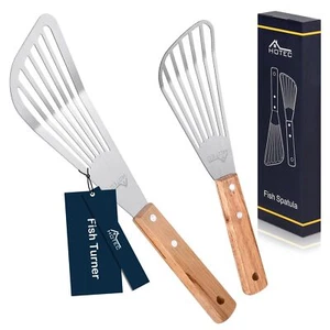 HOTEC Stainless Steel Thin Slotted Fish Turner Spatula Wooden handle with Slo... - Picture 1 of 7