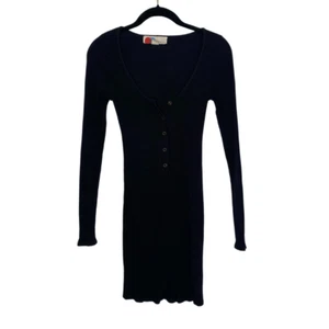 Free People Beach Black Stretch Ribbed Henley Style Mini Dress with Snaps S #333 - Picture 1 of 8