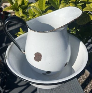Vintage Enamelware 9” Pitcher And 11” Bowl White Black Nice Patina - Picture 1 of 8