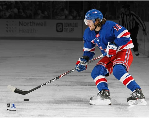 Artemi Panarin Rangers Unsigned Blue Jersey Stopping Spotlight Photograph Cover
