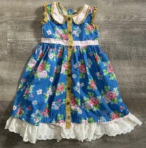 Mustard Pie Blue Pink Floral Eyelet Lace Girls Summer Dress Sz 6 - Picture 1 of 5
