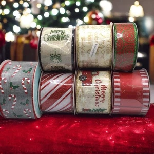 Christmas Ribbon Lot 6 Rolls Wired Candy Cane Stripes Truck Merry Christmas - Picture 1 of 13