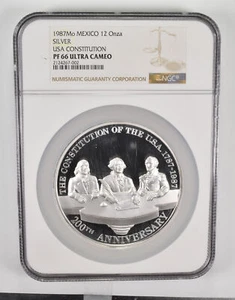PF66 UCAM 1987 Mo Mexico 12 Onza - Silver - USA Constitution - Graded NGC *0138 - Picture 1 of 3