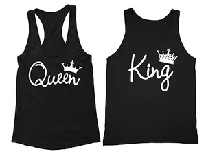 Matching Couple Tanks King Queen Couple Matching Vneck + Crewneck Tanktops Black - Picture 1 of 1
