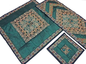 Embroidered Decorative Table Linens - Green Designer Overlay Runner Placemats - Picture 1 of 6