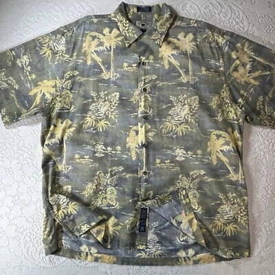 Cutter & Buck Shirt Mens Large Yellow Blue Hawaiian Short Sleeve Button Up Rayon - Image 1 of 4