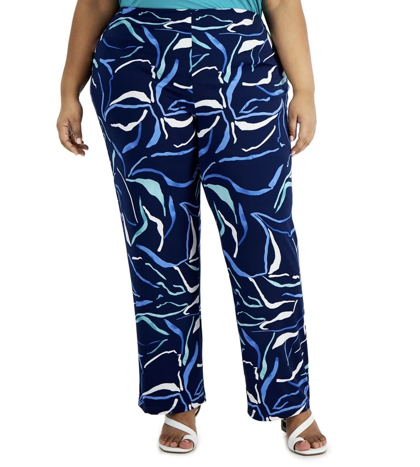 Alfani Women's Blue Printed State Wide-Leg Pants Plus Size 2X