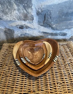 African Heart Shaped Wooden Bowls Set of 3 Hand Carved (8 inch) - Image 1 of 4