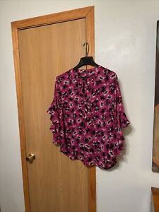 Vince Camuto Size 2X Multi-Color w/Floral Print & Bell Sleeves Popover Blouse