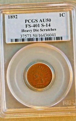 1892 Indian Cent Snow-14  PCGS AU50, - Image 1 of 4