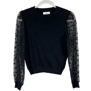 Zara Girls Black Long Sleeve Crewneck Sweater Hearts on Sheer Sleeve Size 9 - Picture 1 of 6