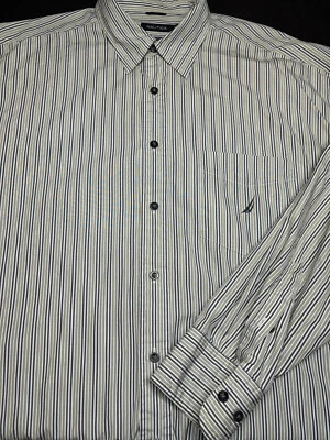 Nautica 男式纽扣前长袖绿色橄榄条纹标志衬衫 2XL XX XXL — 第 1/4 张图片