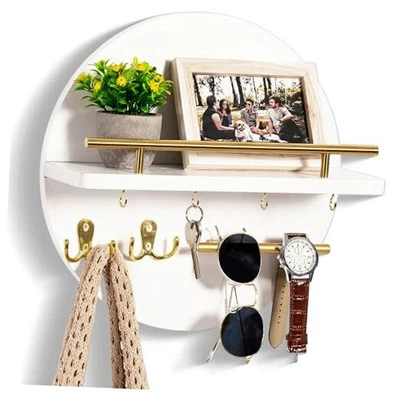 Key Holder for Wall Decorative with Shelf and Hooks, Mail Organizer Wall white - Image 1 of 4