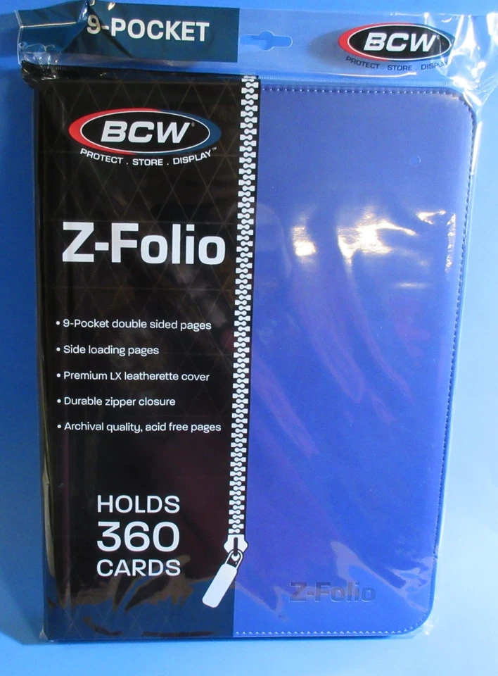 BCW GAMING Z-FOLIO 9-POCKET LX ALBUM - BLUE HOLDS 360 CARDS ZIPPER CLOSURE