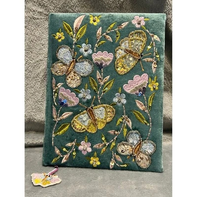 Embroidered Butterfly Velvet Journal Diary Notebook with Charm Teal - Image 1 of 4