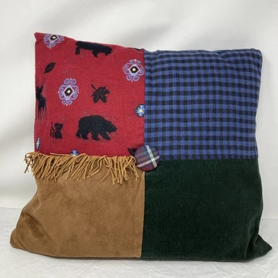 "Almohada de retazos hecha a mano flecos occidentales a cuadros cabaña de campamento ~ 15x15""" Foto 1 de 4