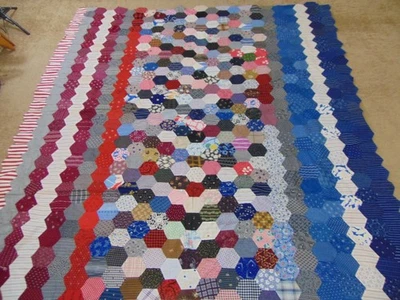 1930 Quilt Top-70x74-POOR BOY Pattrn-Handmade-Art Deco Prints-Hexagon-FREE SHIP - Image 1 of 4