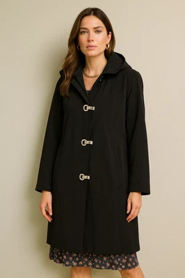Impermeable London Fog negro con capucha para mujer grande palanca frontal resistente al agua Foto 1 de 4