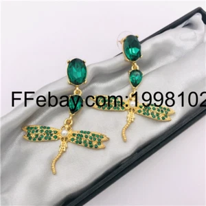 Oscar de la renta Unique Gold dangle Pierced Earrings Dragonfly Green CZ Crystal - Picture 1 of 2