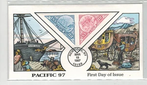 COLLINS HANDPAINTED PACIFIC 97 1ST USA TRIANGLE STAMPS SET OF2 SHIP & STAGECOACH - Picture 1 of 1