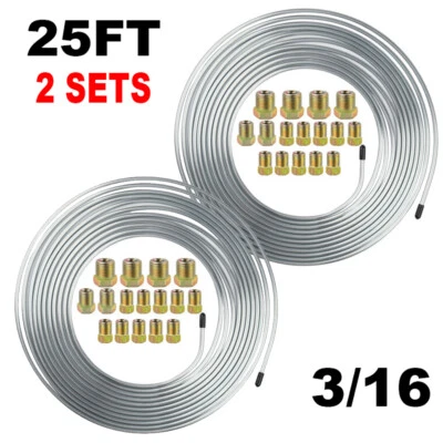 2× Brake Line Tubing Kit Flexible Double Galvanized Steel 25 Ft. 3/16 16 Fitting - Image 1 of 4
