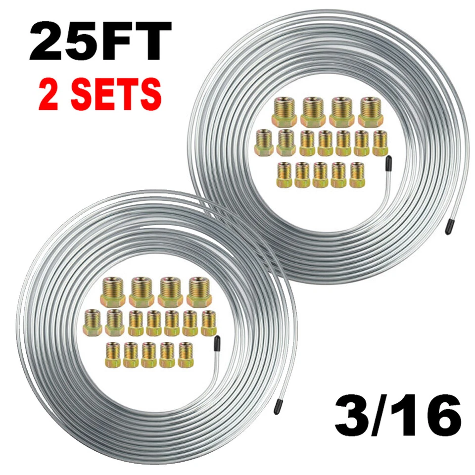 2× Brake Line Tubing Kit Flexible Double Galvanized Steel 25 Ft. 3/16 16 Fitting - Image 1 of 4