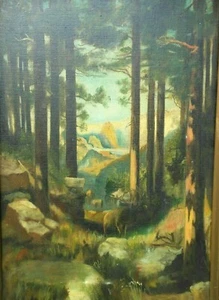 Antique Oil Painting Yosemite Elk in Redwood Forest Mountains CA Half Dome 22.5" - Picture 1 of 12