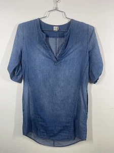Anthropologie Paper Crane Split Neck Cotton Chambray Mini Dress Size Med Pockets - Picture 1 of 11