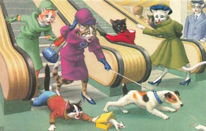 VINTAGE HARTUNG MAINZER CATS SHOPPING ESCALATOR ANTHROPOMORPHIC POSTCARD 052925 - Imagen 1 de 2