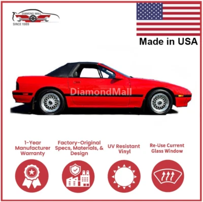 Convertible Soft Top Fits 1988-1992 Mazda RX-7 Pinpoint Vinyl Black, Top Only - Image 1 of 2