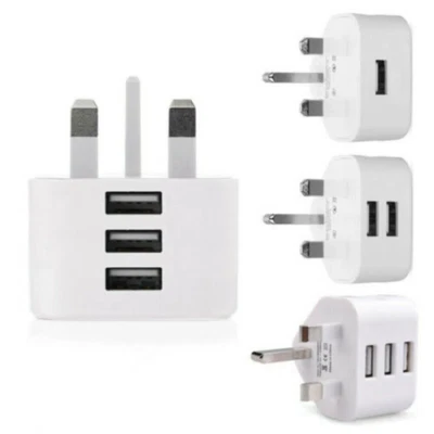Cargador de pared adaptador de enchufe de red de 3 pines del Reino Unido 1/2/3 puertos USB doble para teléfonos tabletas - Imagen 1 de 4