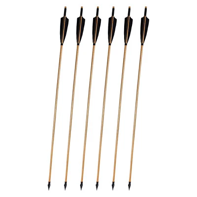6 Pcs Handmade Traditional Wooden Arrows 33‘’ Black Feather Shaft Load Iron Tip - Image 1 of 4